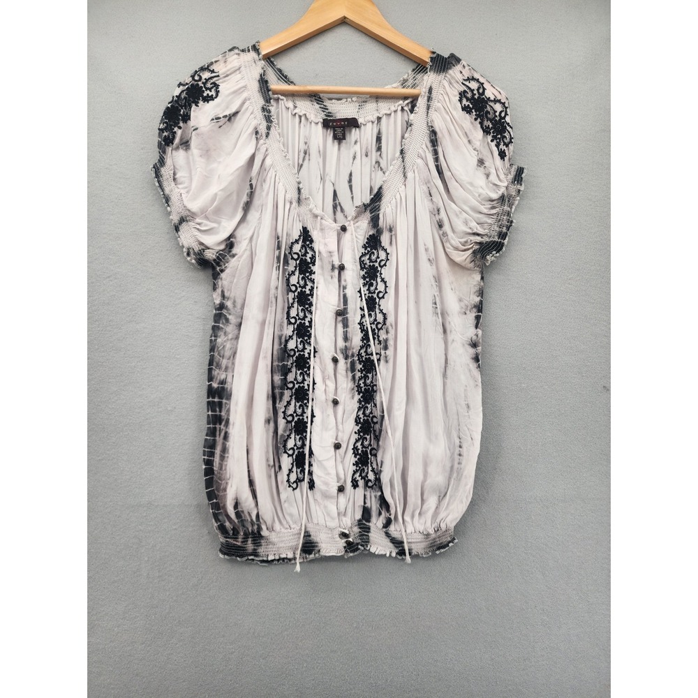 Fever‎ Boho Tie Dye Embroidered Peasant Top Black White Smocked Rayon Blouse L